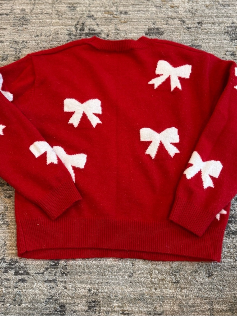 Women’s Red Bow Pattern Crewneck Sweater Pearl Detail XS - Picture 3 of 3